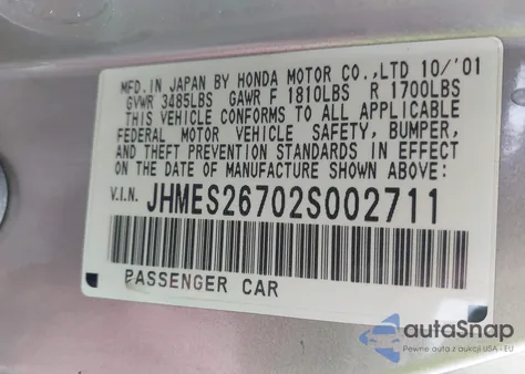 2002 Honda Civic Ex z USA, uszkodzony, nr VIN JHMES26702S002711